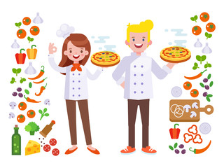 Vector Male and Female Pizza Chef. Set of pizza ingredients icons. Flat vector, cartoon style.