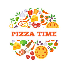 Round design element with pizza ingredients icons. Flat vector illustration isolated on white background