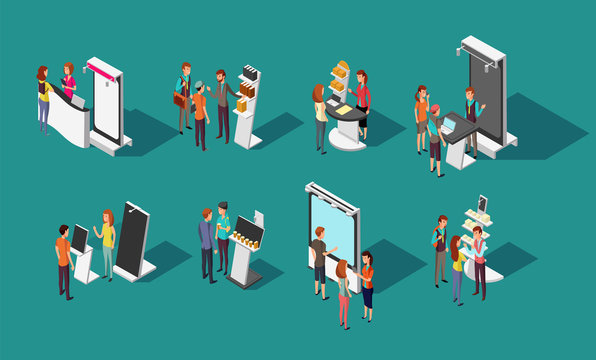 People standing at expo promotional stands vector 3d isometric set