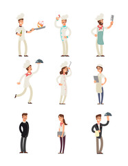 Professional chefs and restaurant staff. Happy cooks and waitress vector cartoon characters set
