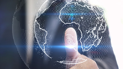 Obraz premium Businessman login with fingerprint scanning technology. fingerprint to identify personal, security system concept