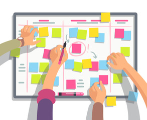 Developers team planning weekly schedule tasks on task board. Teamwork and collaboration vector flat concept