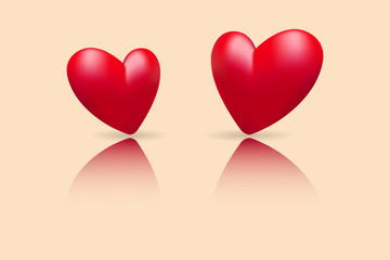 Two red hearts with reflections. Vector illustration for Valentines, Wedding, Greeting Card