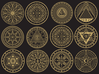 Golden mystery, witchcraft, occult, alchemy, mystical esoteric symbols
