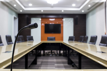 Microphone and modern table boardroom Business  in office