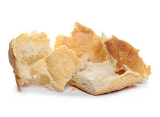 Wheat bread crumbs, pieces isolated on white background