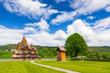 Heddal, the largest Norwegian stave church on a sunny day