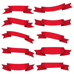 Set of ten red ribbons and banners for web design. Great design element isolated on white background. Vector illustration.
