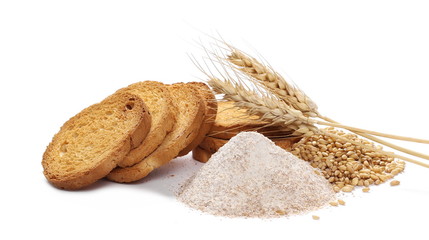 Rusks with integral wholewheat flour, bread slices, ears of wheat and grains isolated on white background
