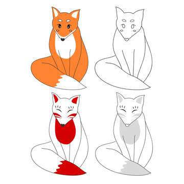 Cute Red Fox and Kitsune. Vector Illustration.