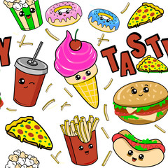 Cute kids food pattern for girls and boys. Colorful fast food on the abstract grunge background create a fun cartoon drawing. The food pattern is made in white colors. Urban pattern for textile.