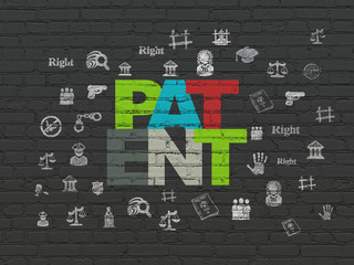 Law concept: Painted multicolor text Patent on Black Brick wall background with  Hand Drawn Law Icons