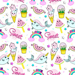 Abstract seamless ice cream pattern. Creative vector kids background with ice cream, cute eyes, cactus, stars, rainbow. Funny kids pattern for textile and fabric. Fashion ice cream pattern style.