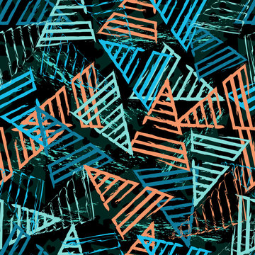 Abstract seamless sport pattern for girls, boys. Creative vector sport pattern with lines, grunge triangle, geometric figures. Funny wallpaper for textile and fabric. Fashion sport pattern style.