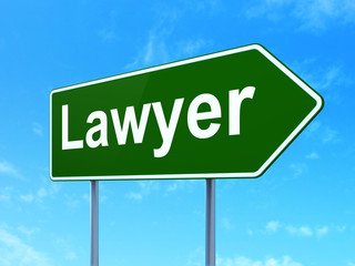 Law concept: Lawyer on green road highway sign, clear blue sky background, 3D rendering