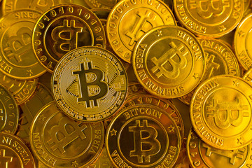 crypto currency concept.Bitcoins ,Gold Coins ,Cryptocurrency with space for your Concept .