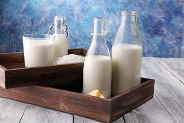 milk products. tasty healthy dairy products on a table on. sour cream in a bowl, cottage cheese bowl, cream in a a bank and milk jar, glass bottle and in a glass
