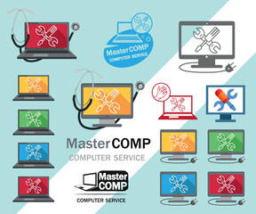 Set computer Service. Computer repair service. Laptop with screwdriver and wrench. PC repair label. Desktop Service.