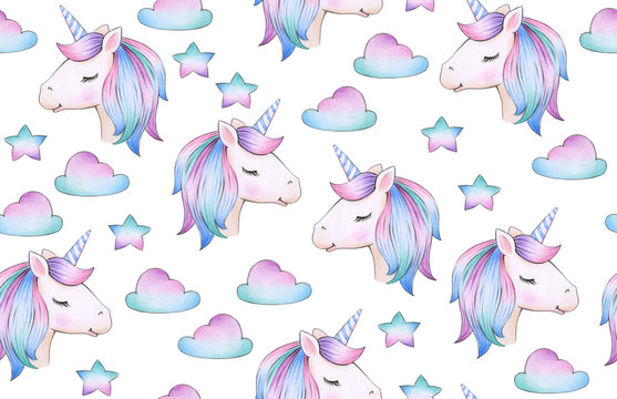  Cute, magic unicorn  seamless pattern,   isolated on white.