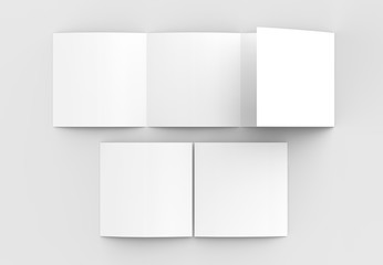 Square four folded - 4-Fold - brochure mock-up isolated on soft gray background. 3D illustrating.