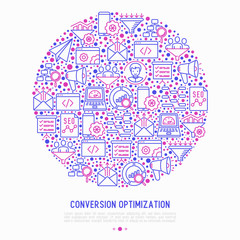 Conversion optimization concept in circle with thin line icons: marketing, customer management, SEO technology, website promotion, sales funnel, web traffic. Modern vector illustration for print media