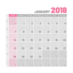 Practical light-colored planner, 2018, January, flat. Useful calendar for taking every day notes. Vector illustration