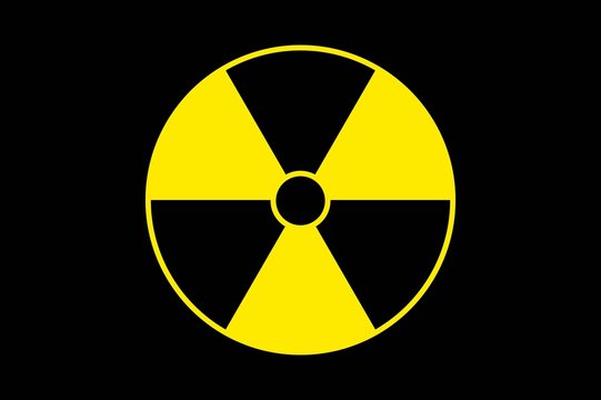 Yellow radiation sign on black background, flat icon. Warning about threat to life, dangerous factory or plant, the production or storage of various substances. Vector illustration