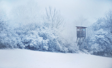 Hunting Hide. Winter in Central Europe. Snowfall.