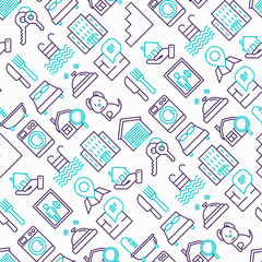 Real estate seamless pattern with thin line icons: apartment house, bedroom, keys, elevator, swimming pool, bathroom, facilities. Modern vector illustration.