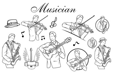 Obraz premium Set of Artists musician Playing. Saxophone player. Guitar player. Violinist player.. Musician plays the instrument. Musician logo. Musical staff.