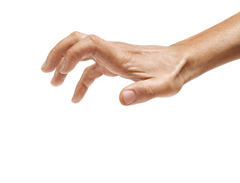 Man's hand grabbing to something isolated on a white background. Close up. High resolution product