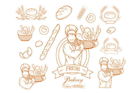 Set of Bakery chef cook. Fresh bread. Bakery products. Bread shop. Bake logo.