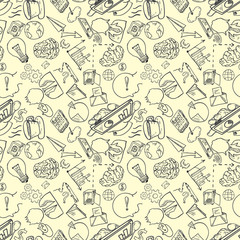 contour seamless pattern of icons and symbols for business on yellow background