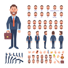 Front, side, back view animated character. Business man character creation set with various views, hairstyles, face emotions, poses and gestures. Cartoon style, flat vector illustration.