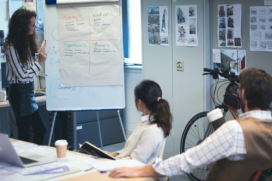 Businesswoman giving presentation to coworker over flip chart