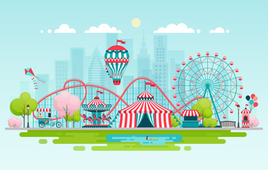 Amusement park, urban landscape. - obrazy, fototapety, plakaty