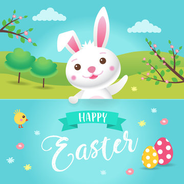 Happy Easter - a cute cartoon Easter bunny with spring landscape, eggs, flowers, chicken, trees. Vector illustration design template