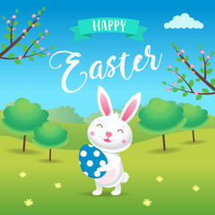 Obraz na płótnie Canvas Happy Easter - a cute cartoon Easter bunny with spring landscape, eggs, flowers, chichen, trees. Vector illustration design template