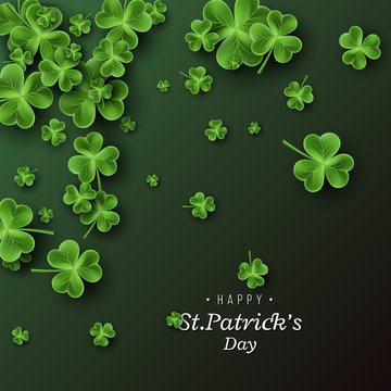 St. Patrick's Day card. Clover leaves on dark green background for greeting holiday design. Vector illustration.