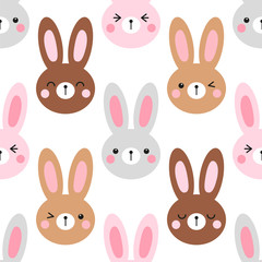 Cute Easter seamless pattern design with funny cartoon characters of emoji bunnies