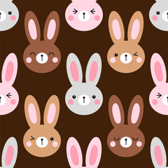 Cute Easter seamless pattern design with funny cartoon characters of emoji bunnies