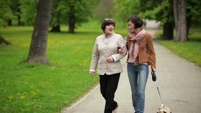 Young Brunette with Short Hair and Beautiful Woman is Walking with Dog in the Park. Family Walk with Pet in Spring.