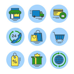 Online shop - set of simple vector icons in flat style. Store, delivery, payment, customer support, shopping, cart, discount, gifts