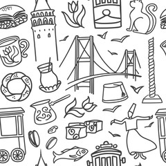 Seamless pattern Istanbul symbols. Vector illustration with hand drawn black doodle outline on white background. Modern clear line design for touristic print, backdrop, wrapping paper or wallpaper.