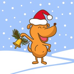 Vector illustration with cute happy dog in red hat and hand bell with fir branch on blue background with snow and snowfall. New Year and Christmas cartoon character isolated on white background.