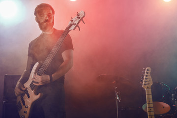 Bass player perform on stage.