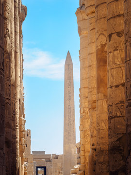 Ancient columns and great egyptian obelisk of Queen Hatshepsut in Karnak temple, Luxor.