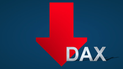 Obraz premium The German stock market index Dax is going down. A red arrow with the monetary symbol is showing downwards on a blue background and indicates the fall.