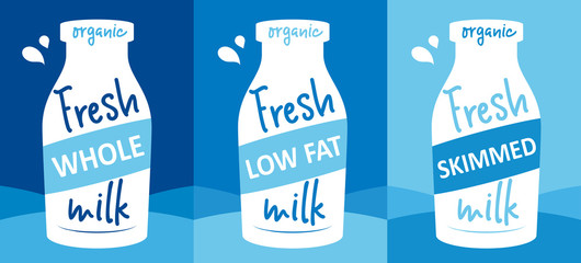 Fresh milk vector illustration - design template with whole, low fat and skimmed milk, a white bottle and lettering. Packaging idea