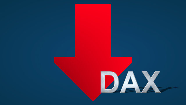 The German stock market index Dax is going down. A red arrow with the monetary symbol is showing downwards on a blue background and indicates the fall.